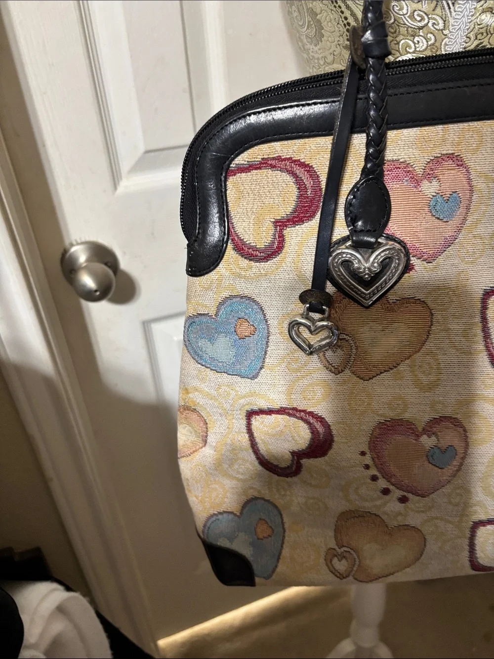 Vintage Brighton Beige Heart-Print Tote with Black leather Trim.